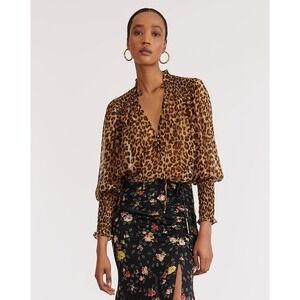 Veronica Beard‎ $395 Jaz Peasant Sheer Smocked Blouse in Leopard Print Sz 2
